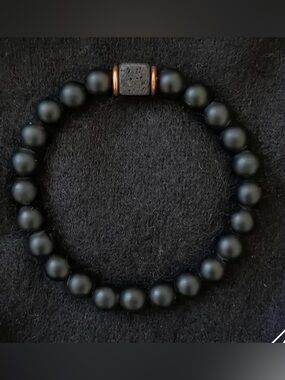 Black Beaded Bracelet with Lava Cube and Copper Rings